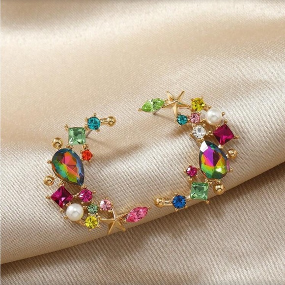Colorful Gemstone Crescent Moon Rhinestone Statement Earrings